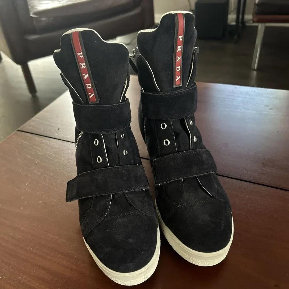 Prada Womens Black Suede 1” Heel Zip Up Wedge High Top Sneaker Boots 40 EU 10 US